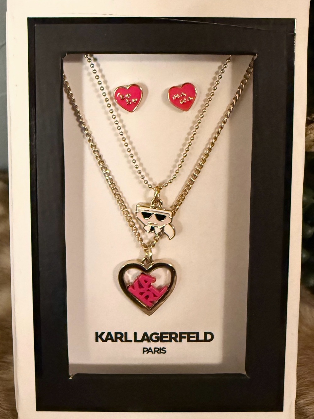 Karl Lagerfeld Gold Tone Layered Necklace & Pink Heart Studs